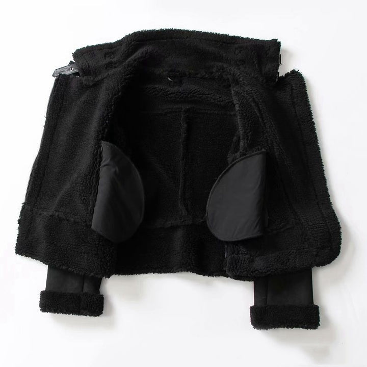 Woman wearing black suede lapel winter jacket