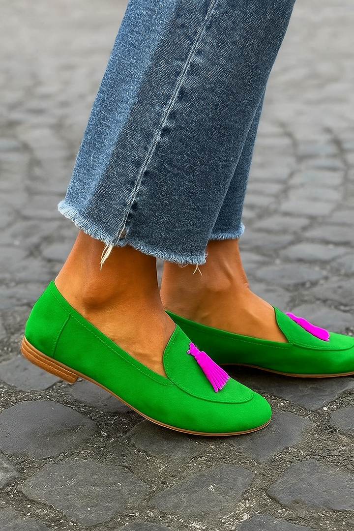 Loafer Shoes | Fuchsia Tassel Accent | Comfortable and Chic | Green Suede Style