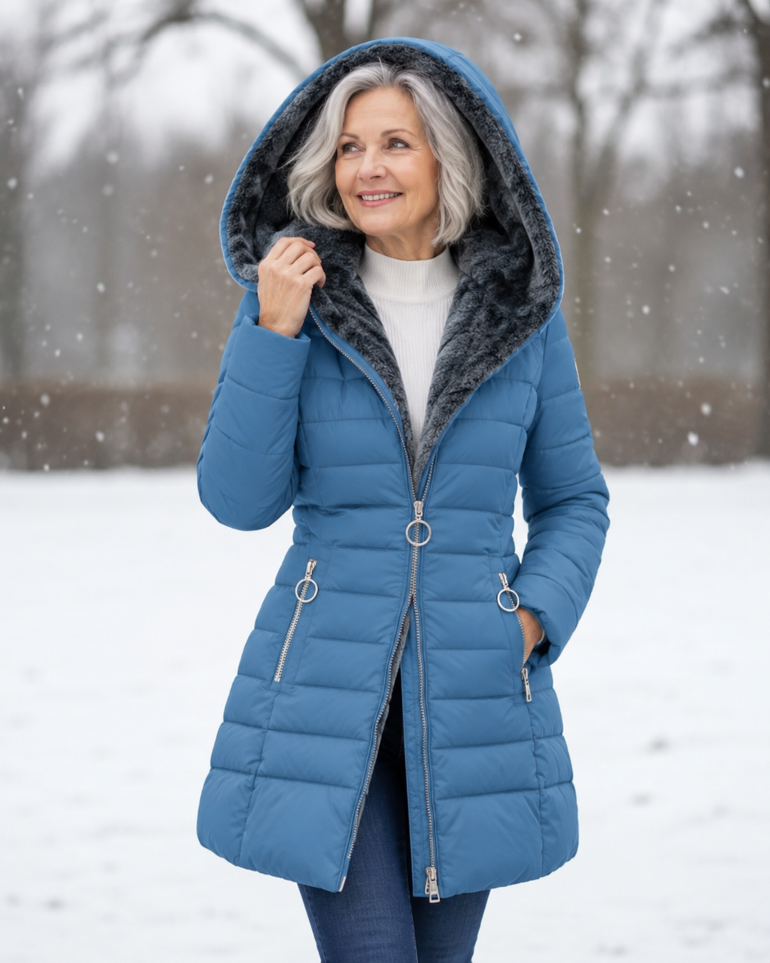 Woman wearing quilted hooded winter coat with A-line fit