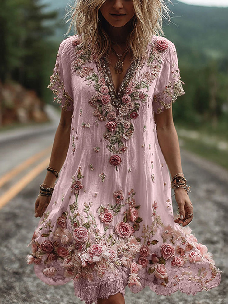 Blossom Embroidered V-Neck Dress | Elegant Floral Design | Perfect for Special Occasions | Soft Cotton Blend