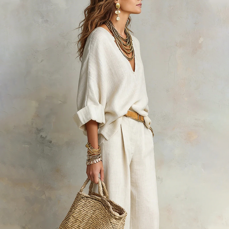 Woman wearing relaxed V-neck two piece set with wide-leg trousers