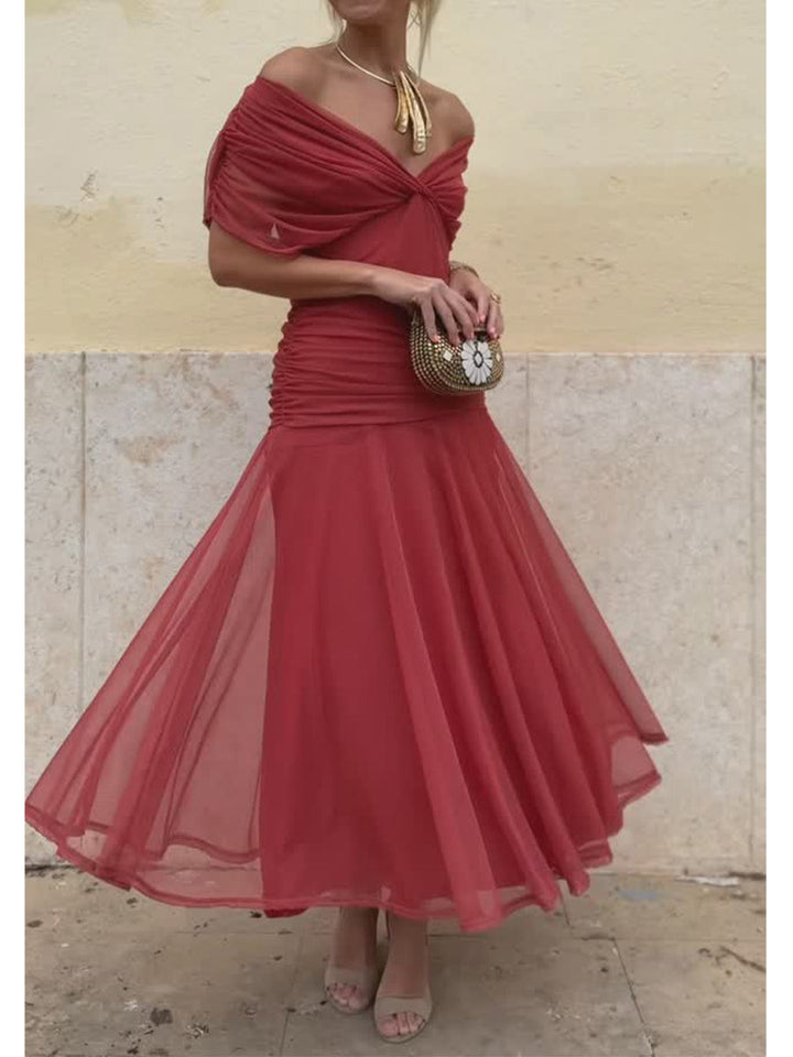Off-The-Shoulder Midi Dress | Elegant Design | Perfect for Parties | Lightweight Fabric
