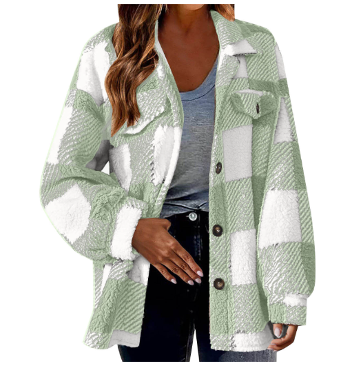 Woman wearing button front loose fleece jacket