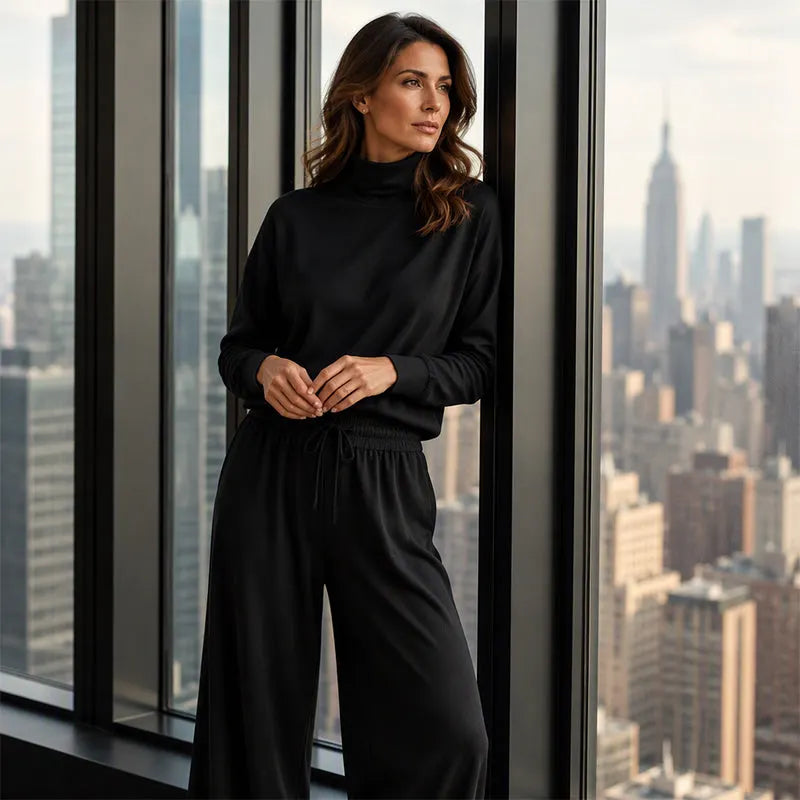 Woman wearing black turtleneck two-piece set with wide-leg trousers