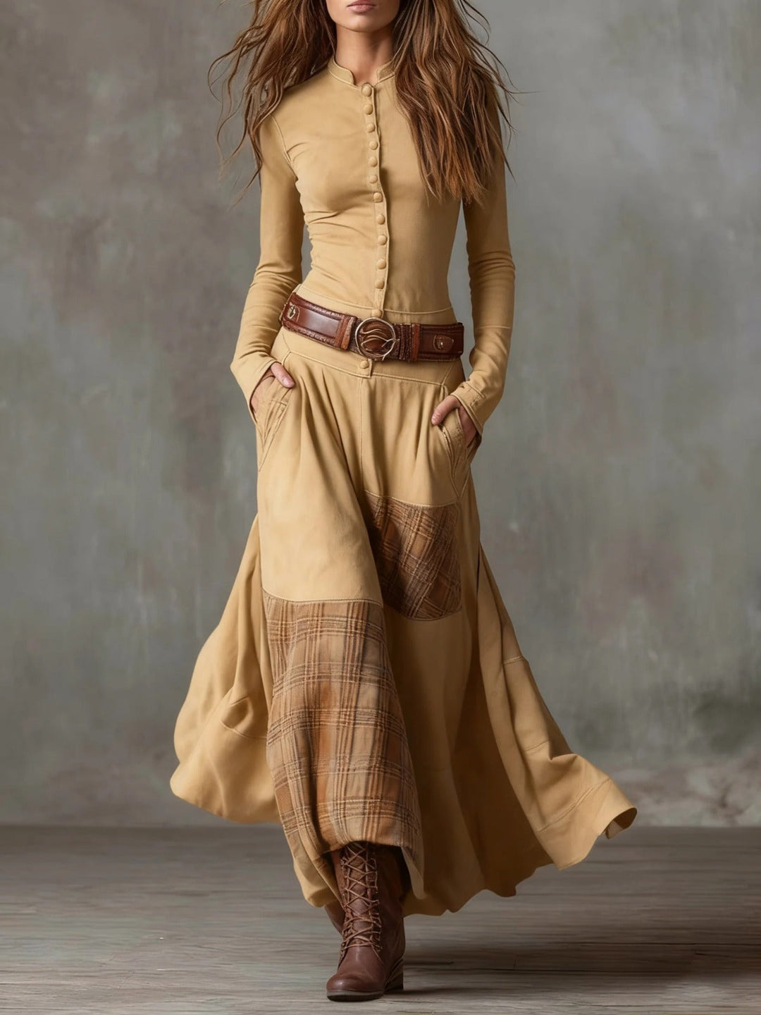 Woman wearing plaid patchwork maxi dress with button front