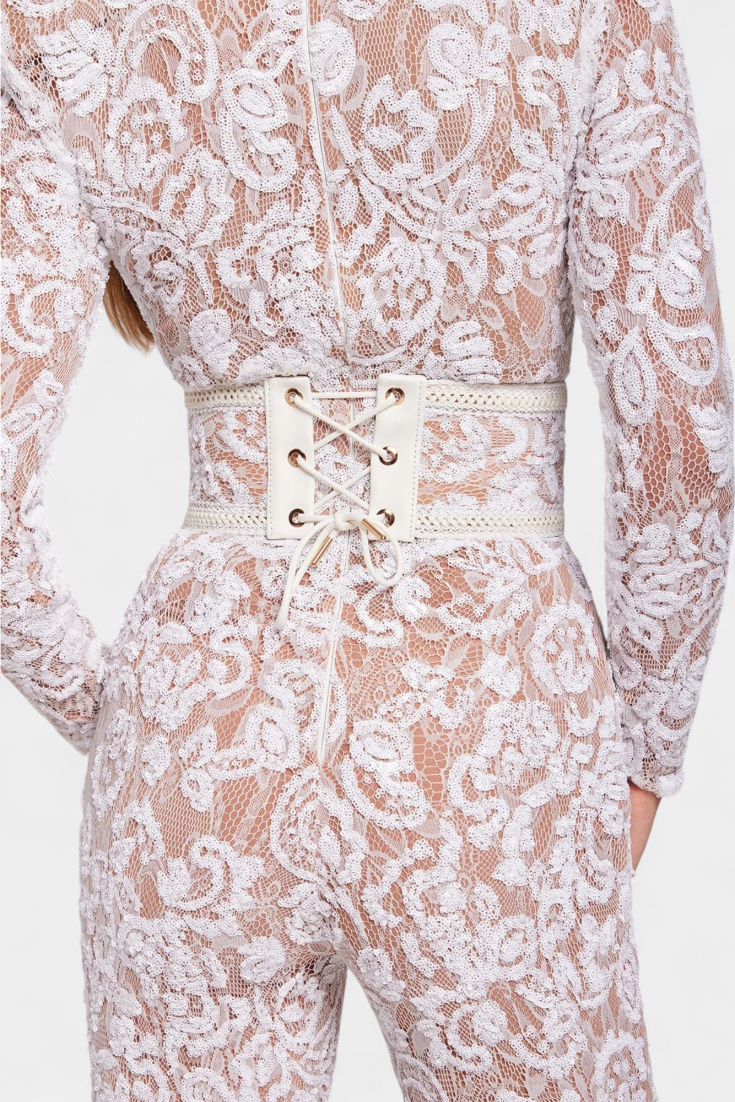 Sequined Lace Jumpsuit | Corset-Belted Design | Elegant Evening Wear | Perfect for Special Occasions