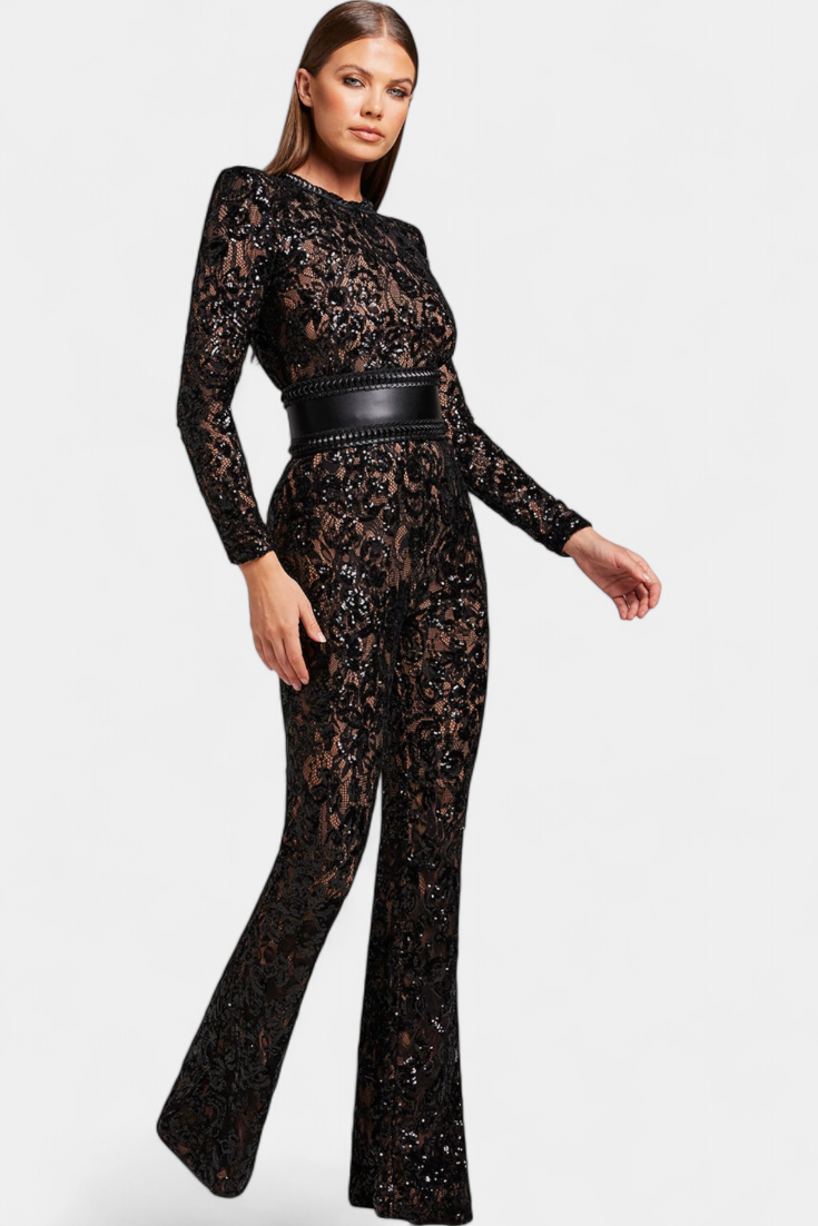 Sequined Lace Jumpsuit | Corset-Belted Design | Elegant Evening Wear | Perfect for Special Occasions
