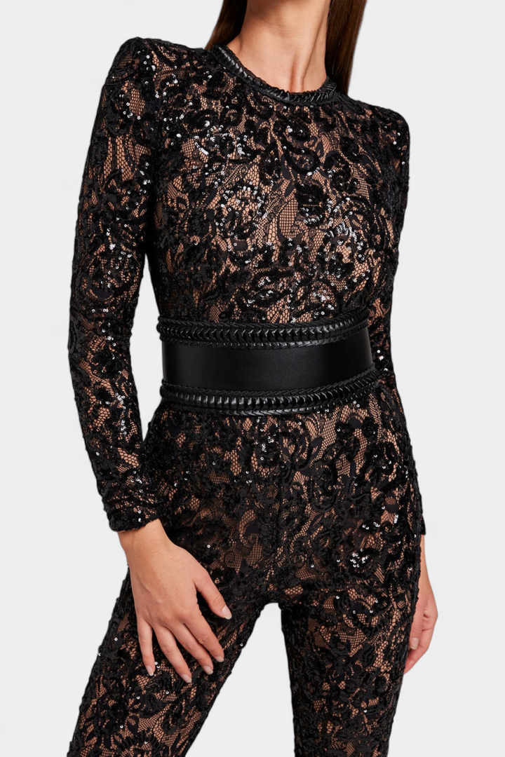 Sequined Lace Jumpsuit | Corset-Belted Design | Elegant Evening Wear | Perfect for Special Occasions