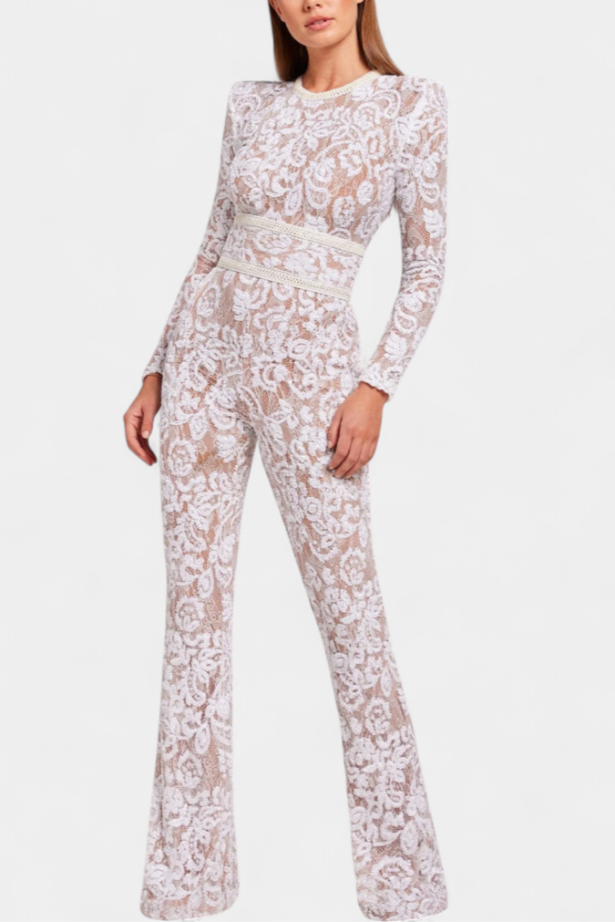 Sequined Lace Jumpsuit | Corset-Belted Design | Elegant Evening Wear | Perfect for Special Occasions
