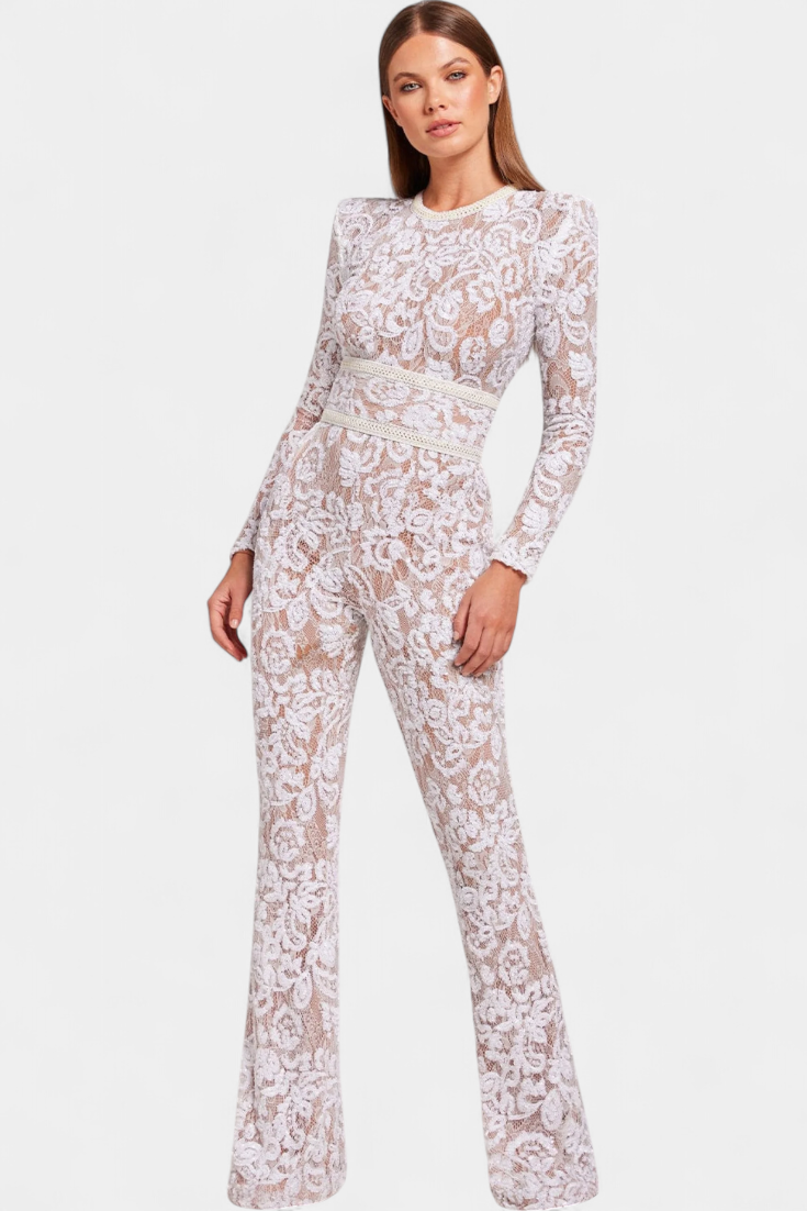 Sequined Lace Jumpsuit | Corset-Belted Design | Elegant Evening Wear | Perfect for Special Occasions