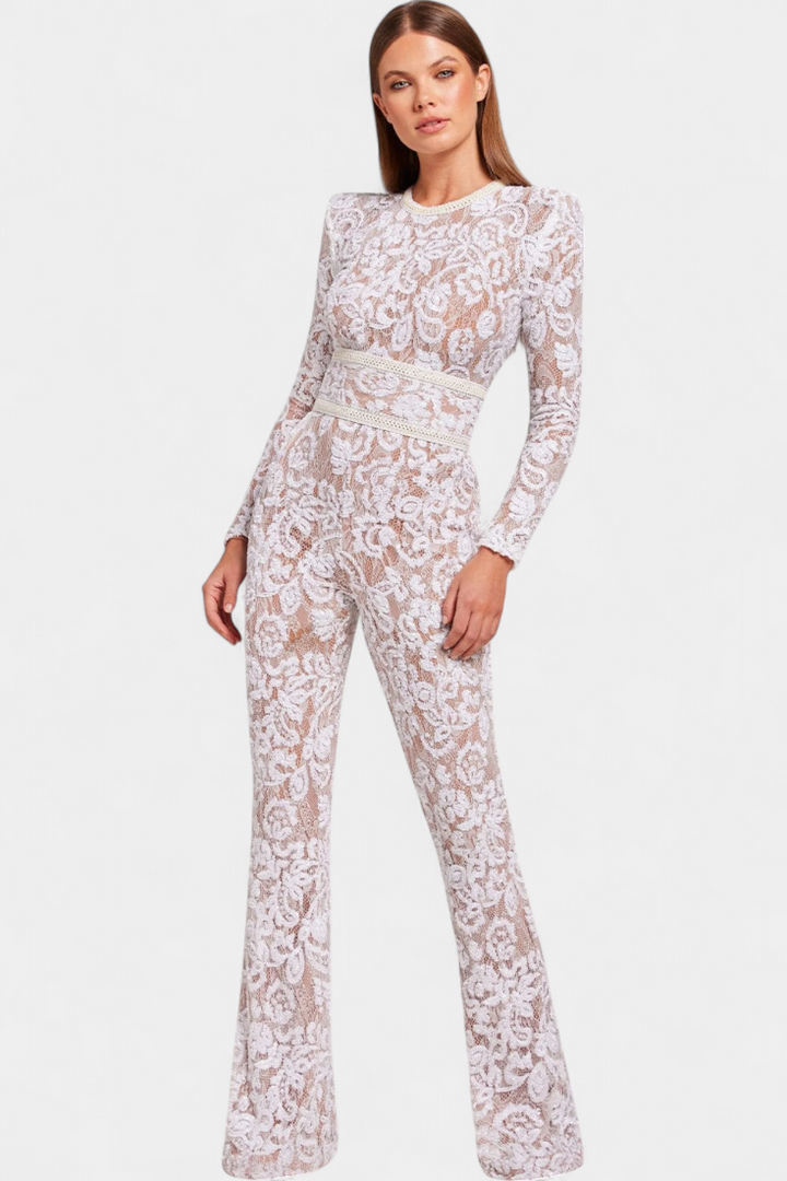 Sequined Lace Jumpsuit | Corset-Belted Design | Elegant Evening Wear | Perfect for Special Occasions