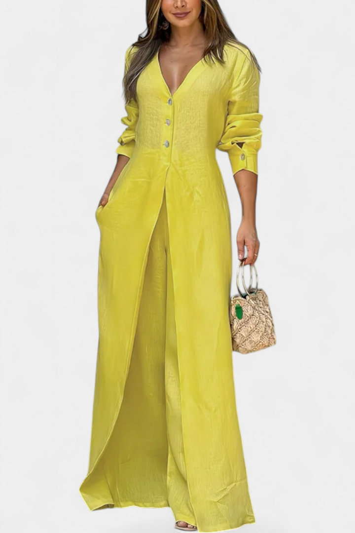 V-Neck Jumpsuit | Elegant Front Slit | Flattering Fit for Any Occasion | Soft, Flowing Fabric