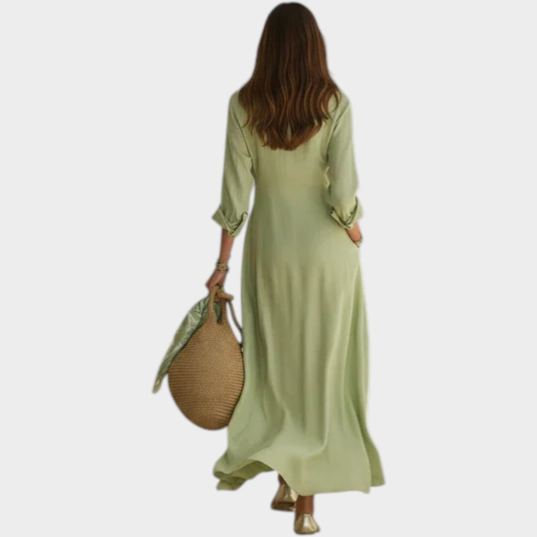 Woman wearing button front maxi dress outdoors