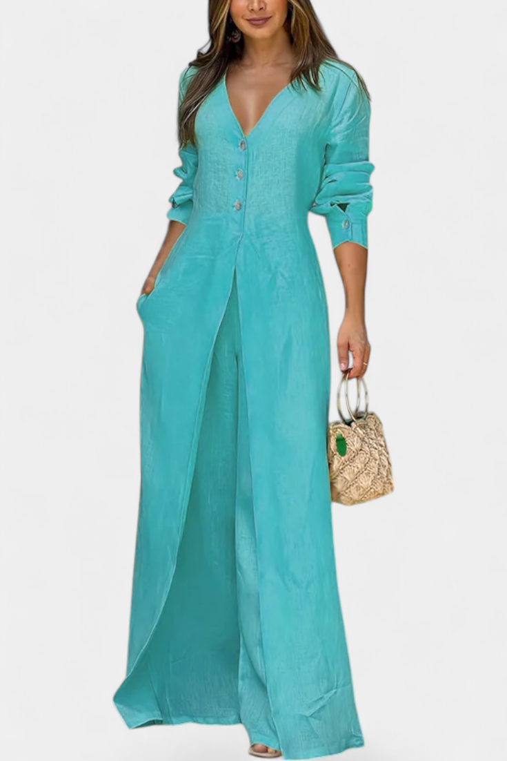 V-Neck Jumpsuit | Elegant Front Slit | Flattering Fit for Any Occasion | Soft, Flowing Fabric