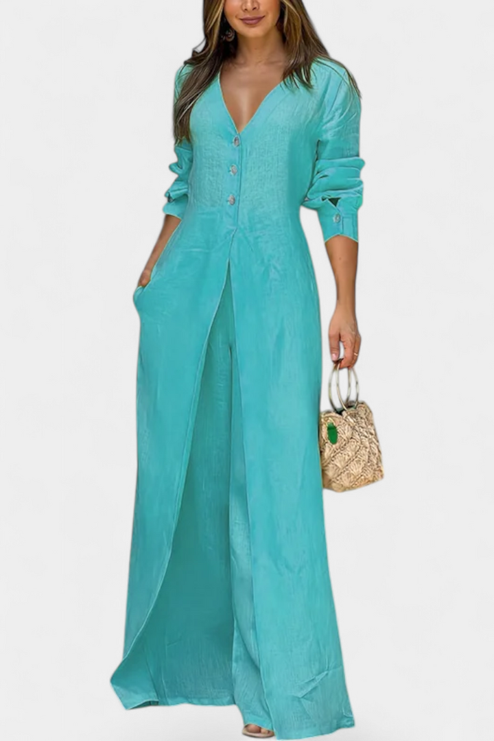 V-Neck Jumpsuit | Elegant Front Slit | Flattering Fit for Any Occasion | Soft, Flowing Fabric