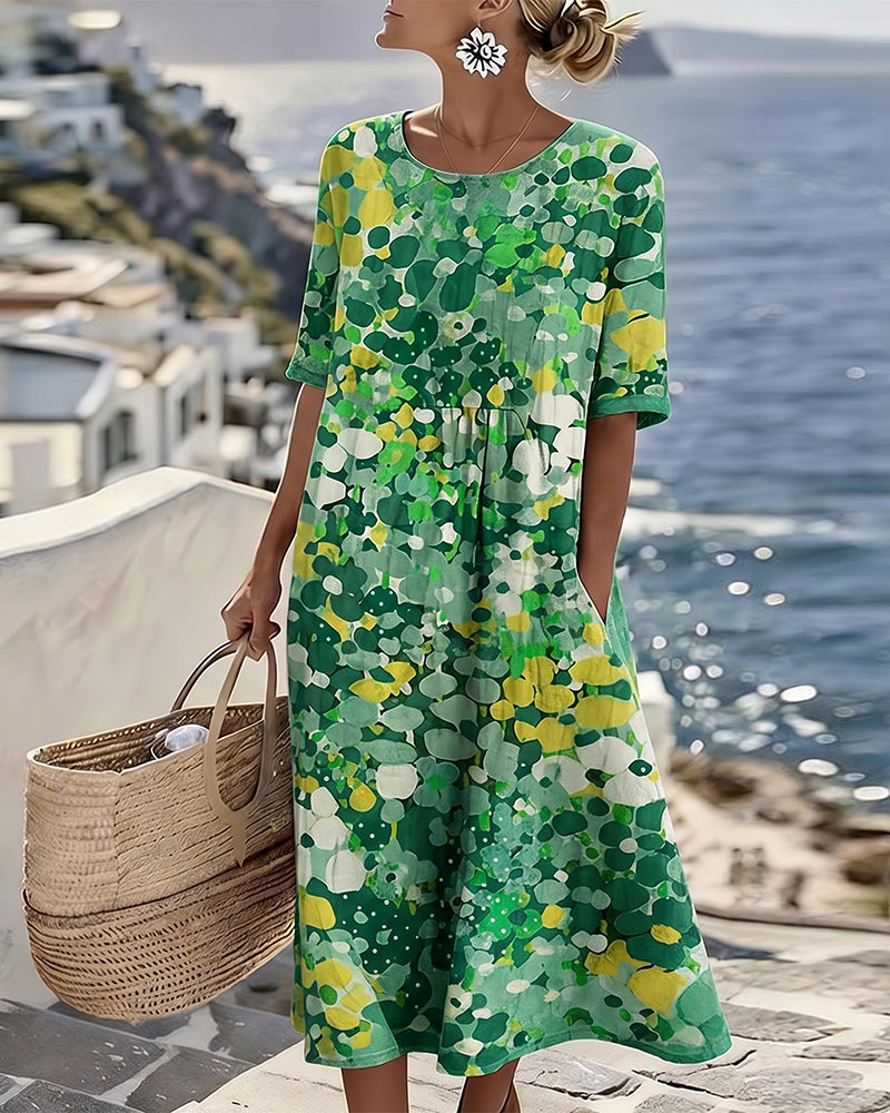 Woman wearing abstract floral print midi dress outdoors