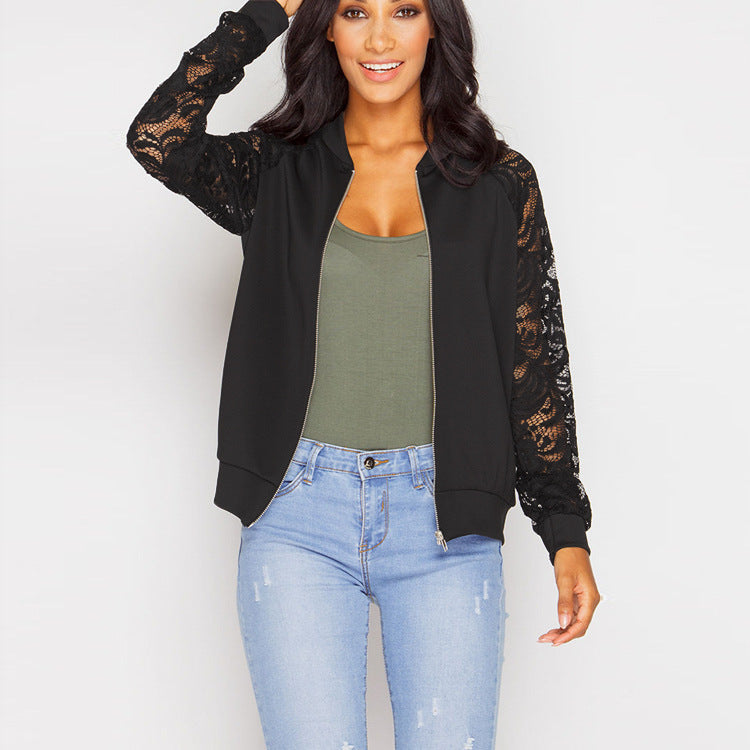 Women's black and white bomber jacket with lace sleeves