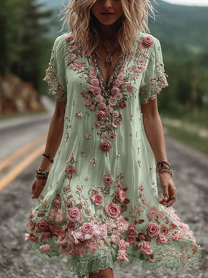 Blossom Embroidered V-Neck Dress | Elegant Floral Design | Perfect for Special Occasions | Soft Cotton Blend