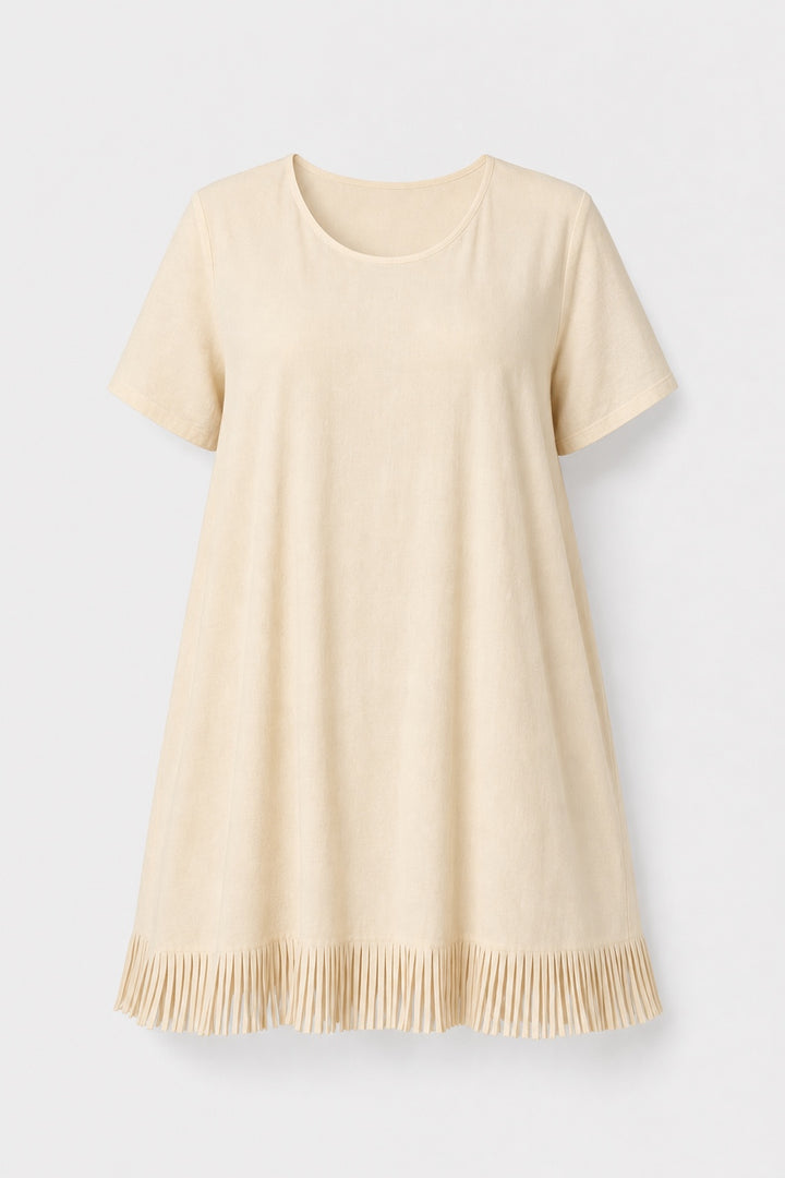 Brianna Boho Fringe Dress in beige – short-sleeve round-neck dress with fringe hem