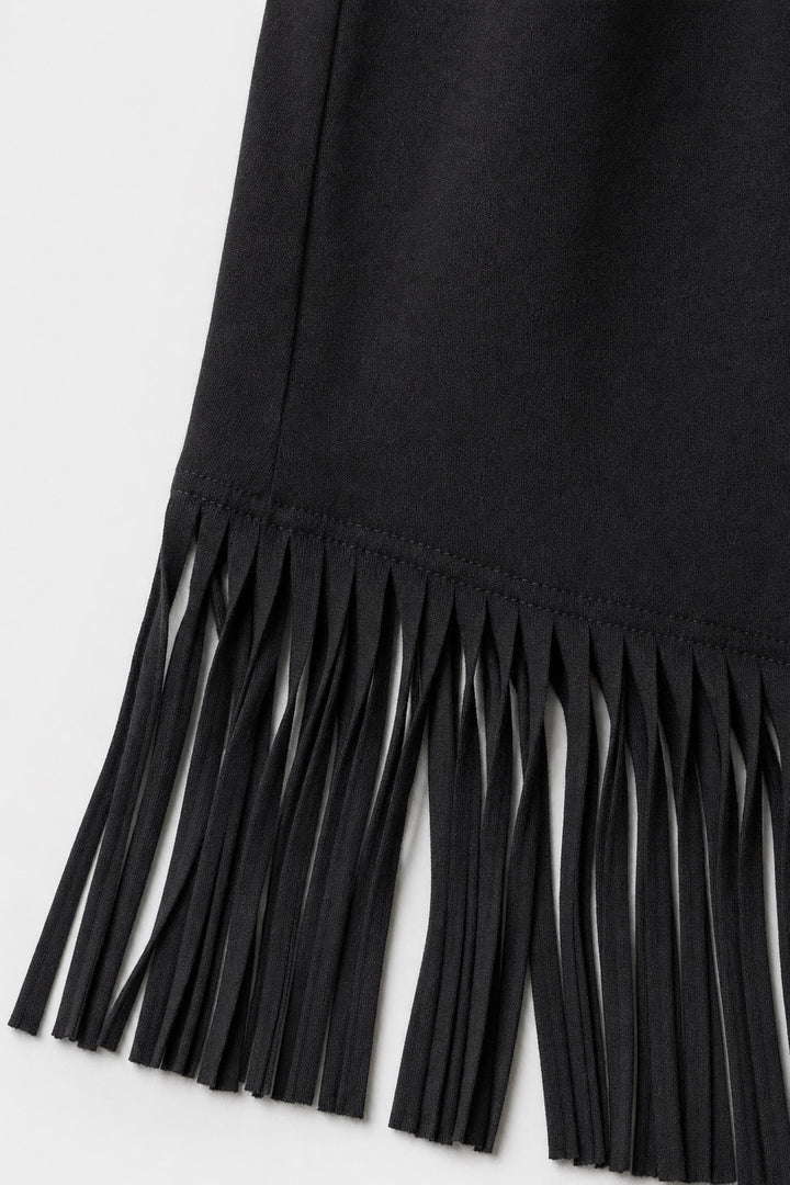 Brianna Boho Fringe Dress in black – close-up of the fringe hem and soft fabric