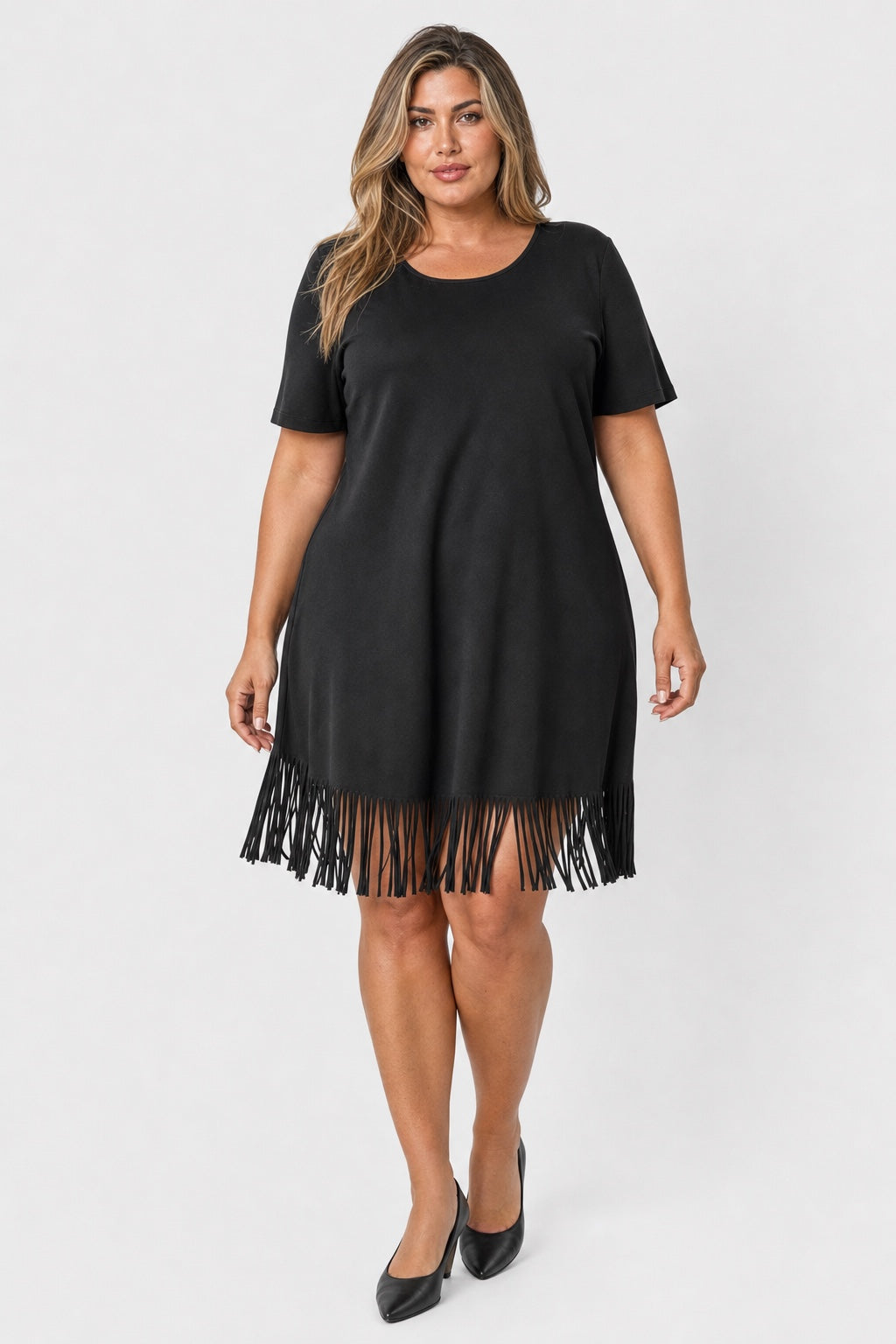 Brianna Boho Fringe Dress in black – front view on a plus-size model