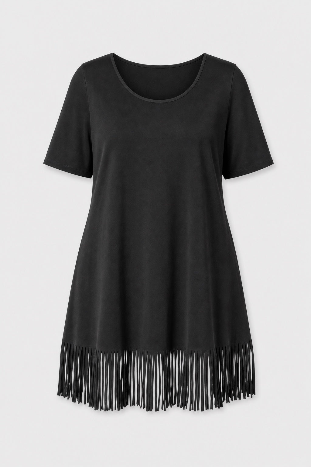 Brianna Boho Fringe Dress in black – short-sleeve round-neck dress with fringe hem