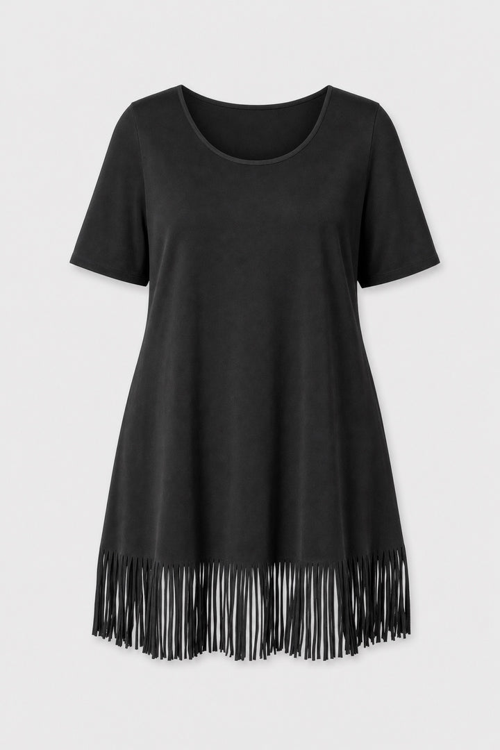 Brianna Boho Fringe Dress in black – short-sleeve round-neck dress with fringe hem