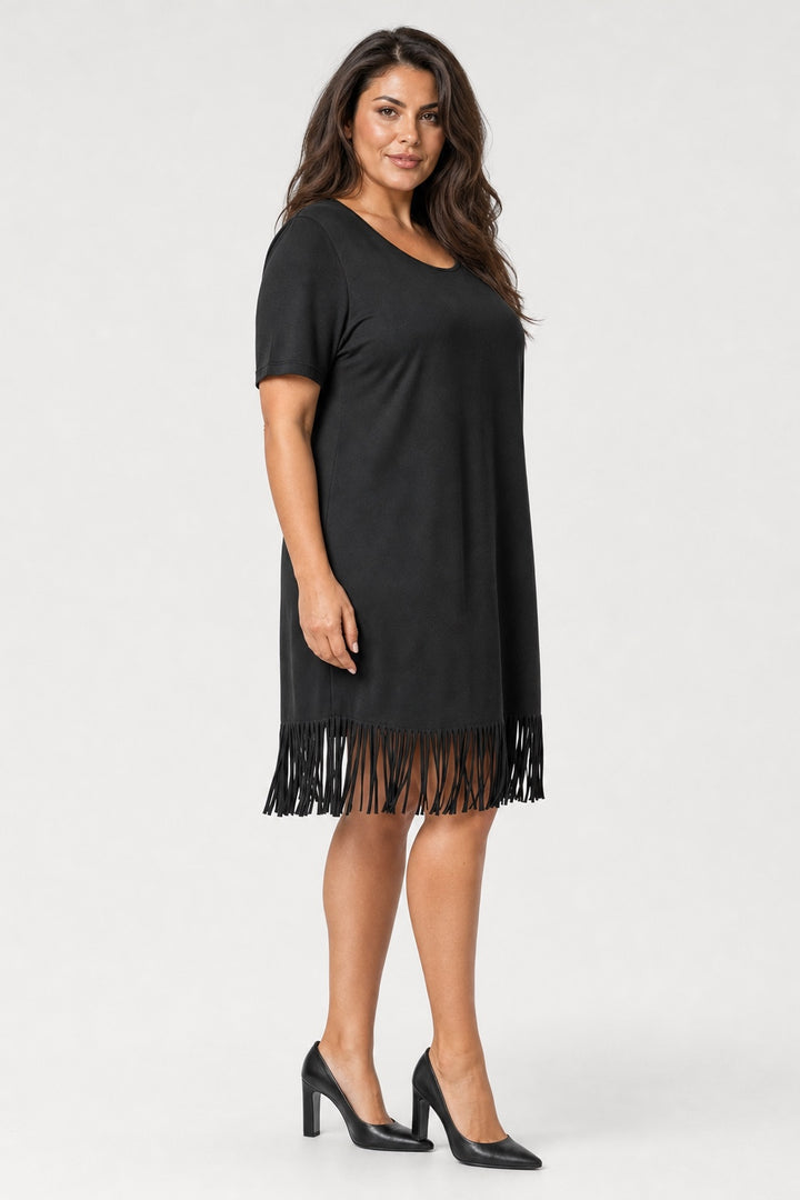Brianna Boho Fringe Dress in black – side view on a plus-size model
