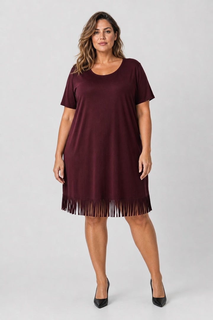Brianna Boho Fringe Dress in dark red – front view on a plus-size model