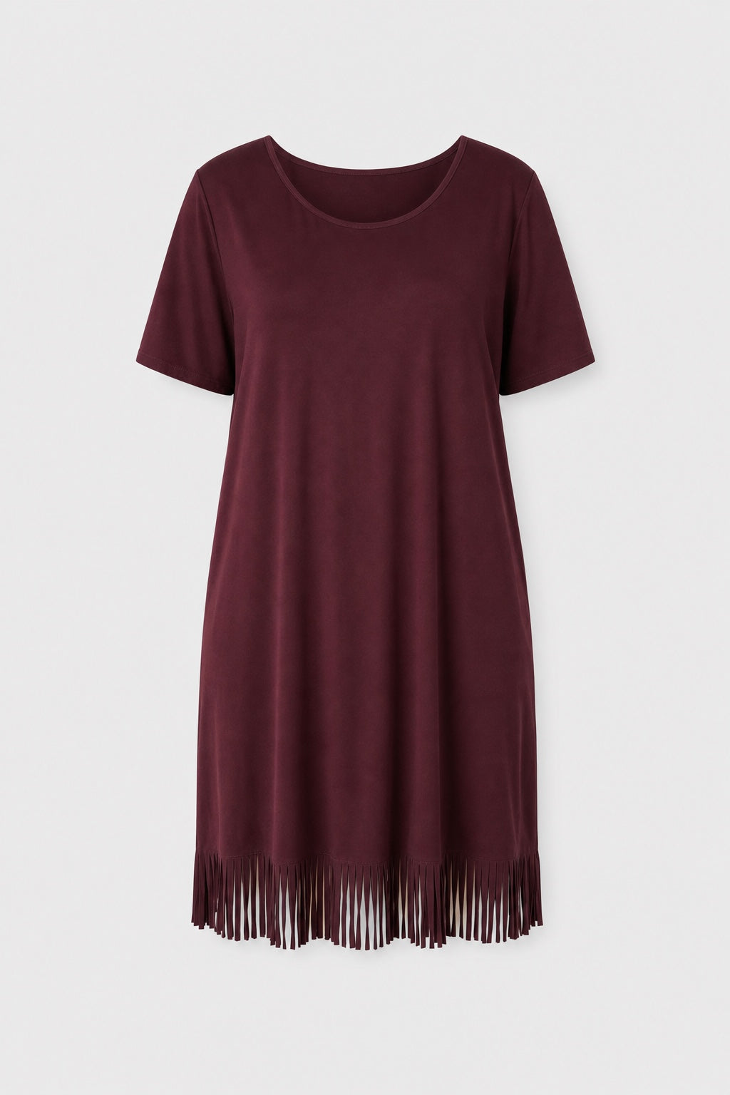 Brianna Boho Fringe Dress in dark red – short-sleeve round-neck dress with fringe hem