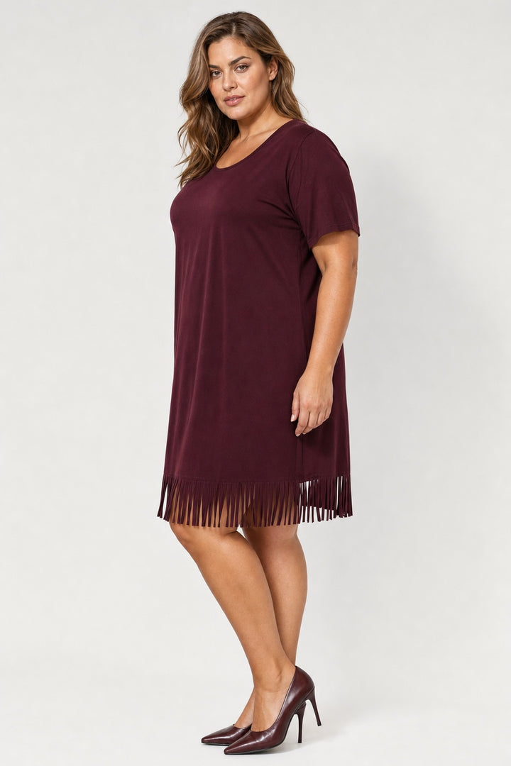 Brianna Boho Fringe Dress in dark red – side view on a plus-size model