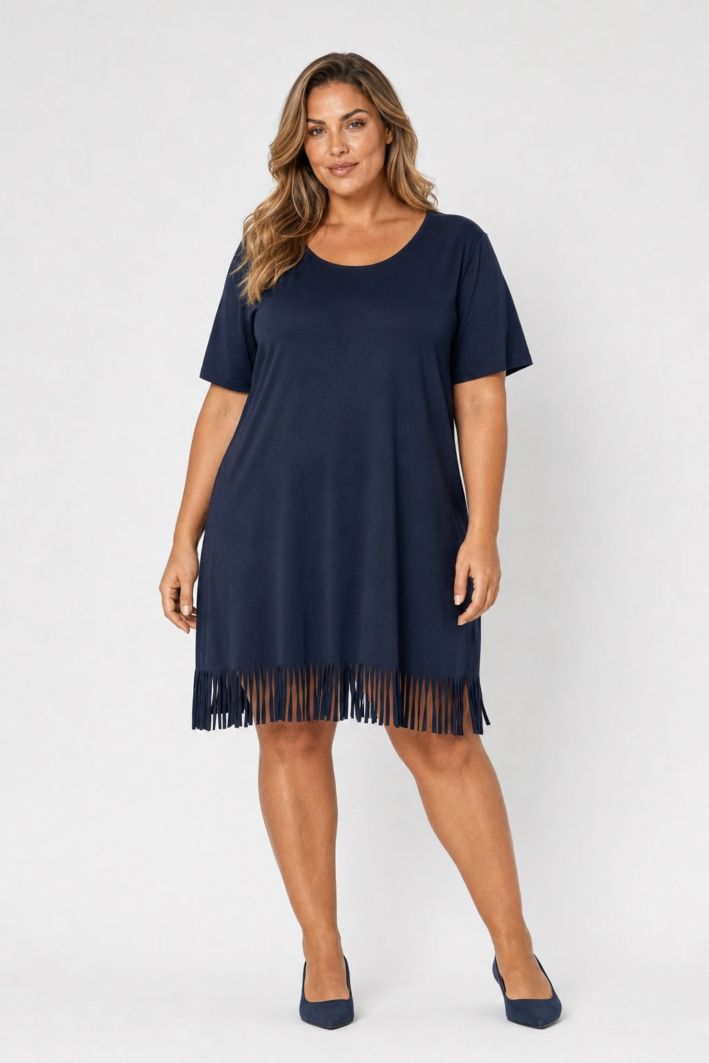 Brianna Boho Fringe Dress in navy blue – front view on a plus-size model