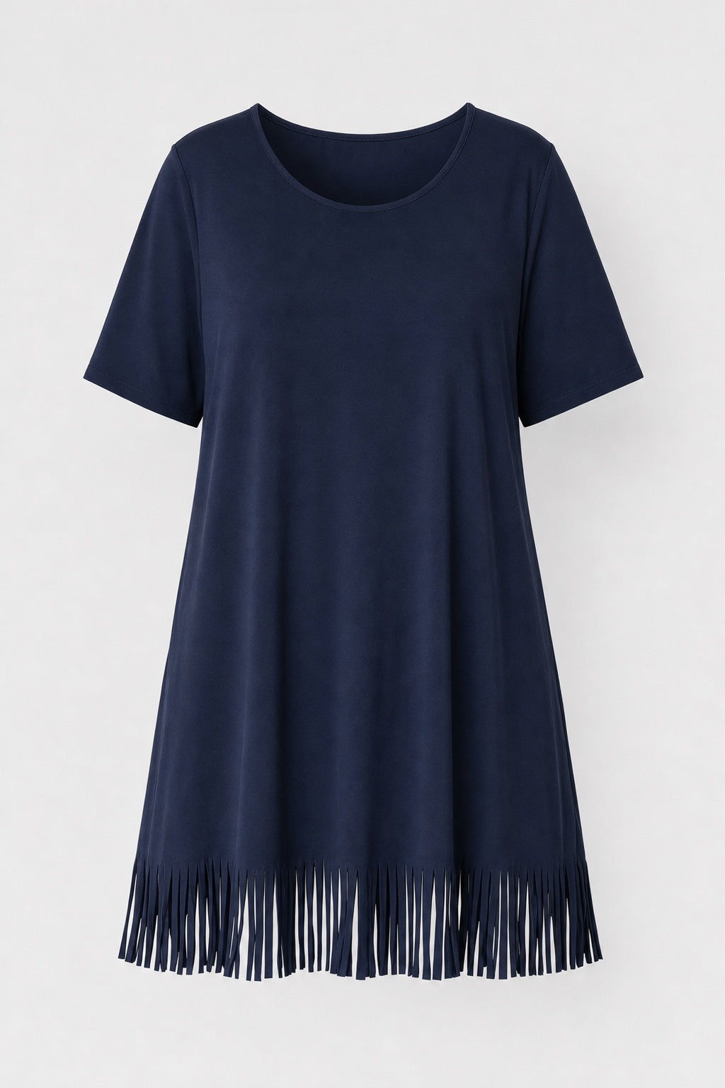 Brianna Boho Fringe Dress in navy blue – short-sleeve round-neck dress with fringe hem