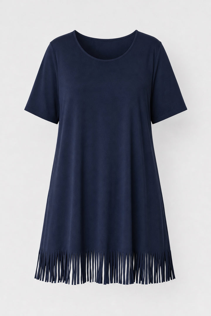 Brianna Boho Fringe Dress in navy blue – short-sleeve round-neck dress with fringe hem