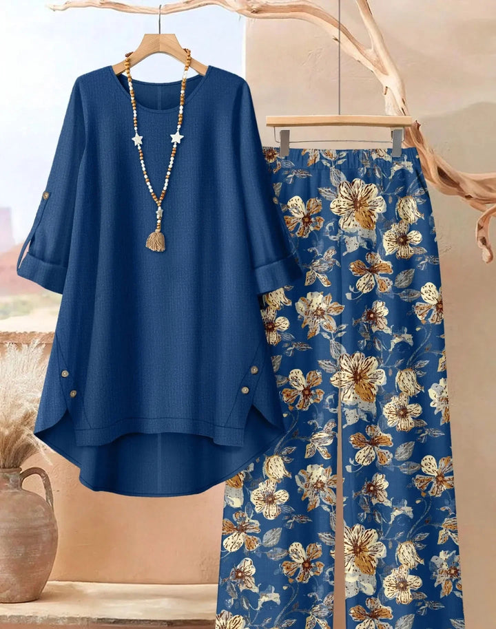 Leaf print two piece set with wide leg pants