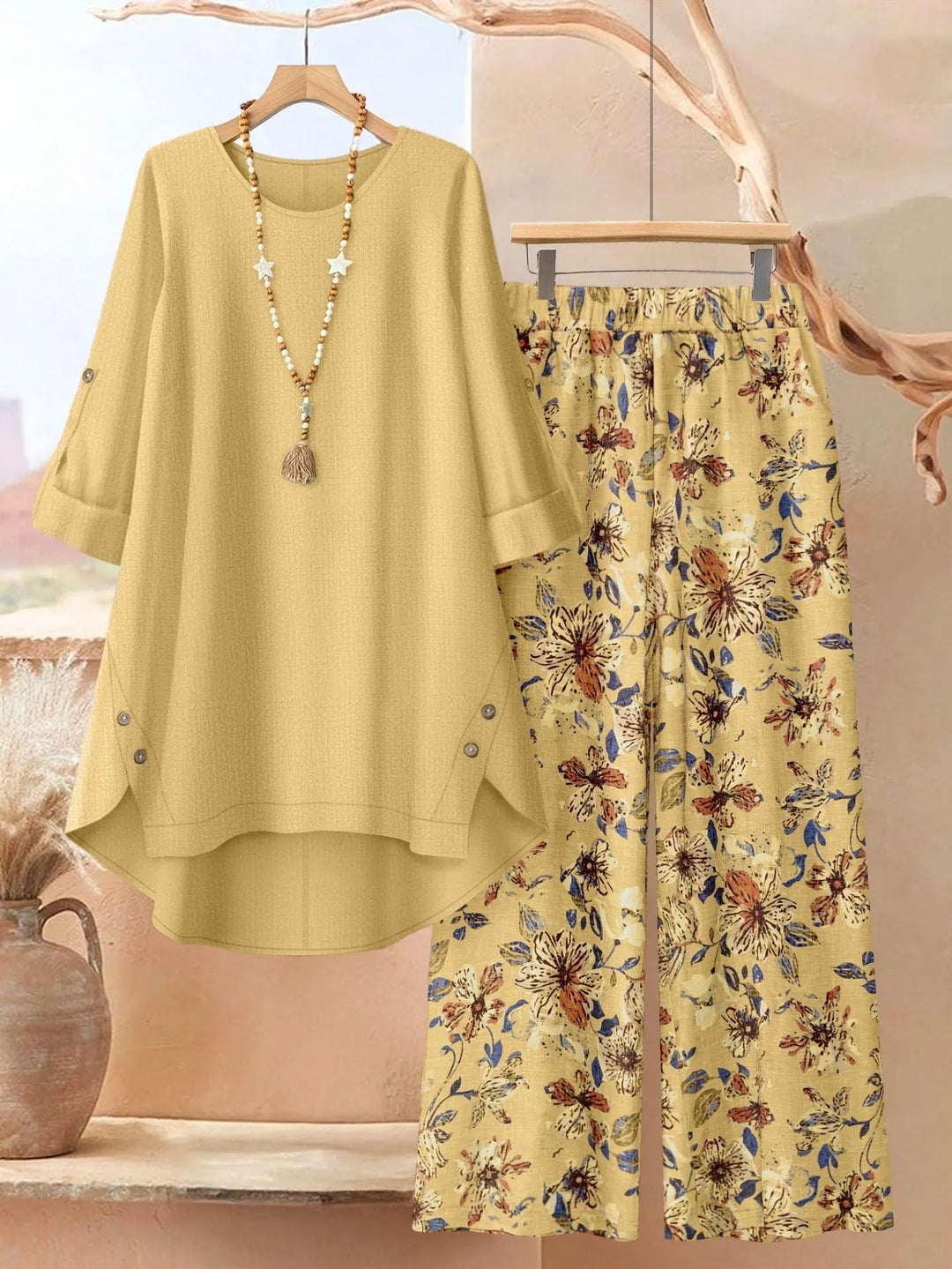 Leaf print two piece set with wide leg pants