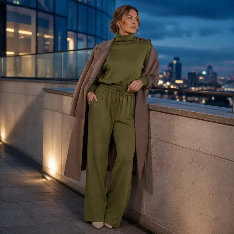 Woman wearing black turtleneck two-piece set with wide-leg trousers