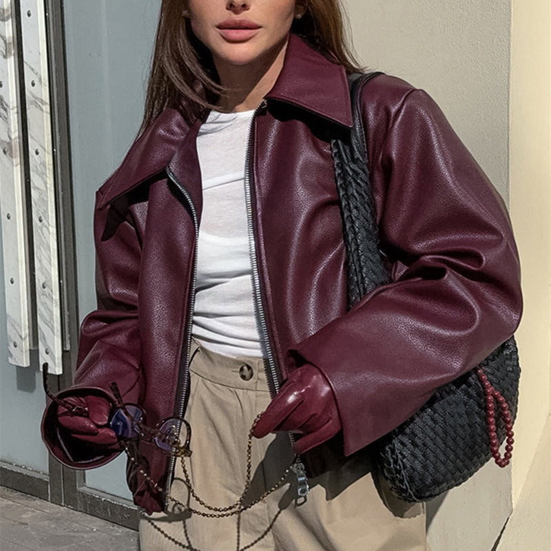 Women's faux leather zip jacket with lapel collar