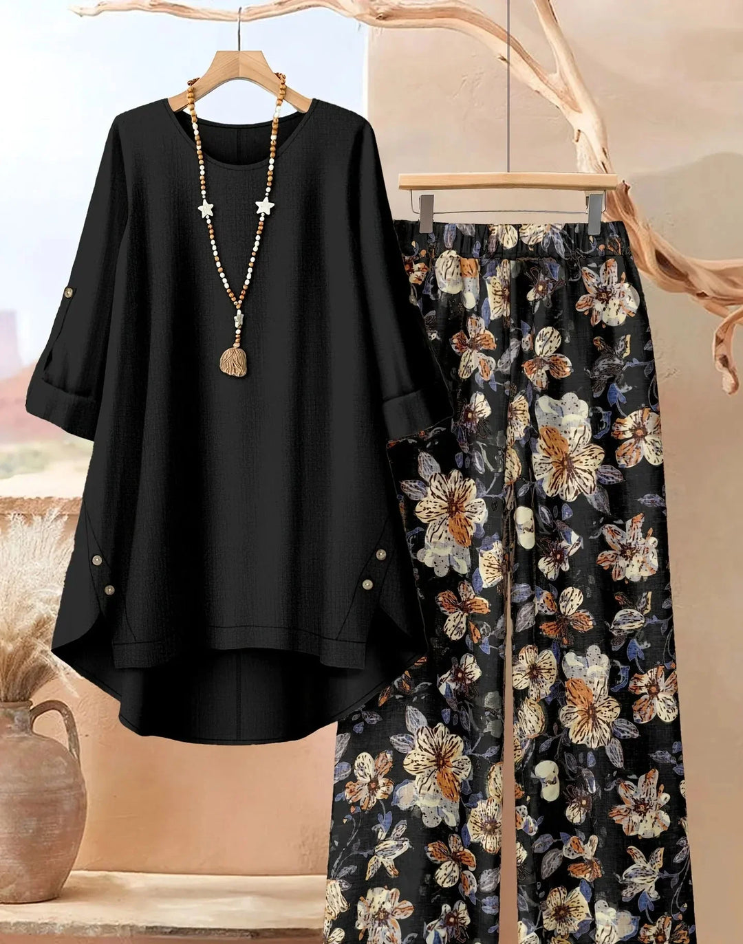 Leaf print two piece set with wide leg pants