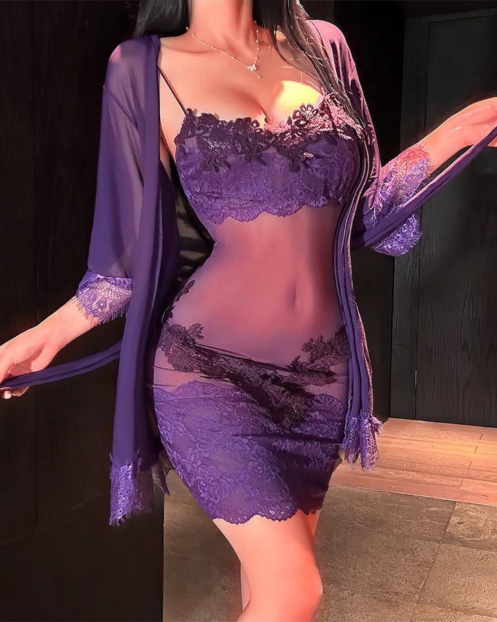Woman wearing lace nightwear set with long sleeves