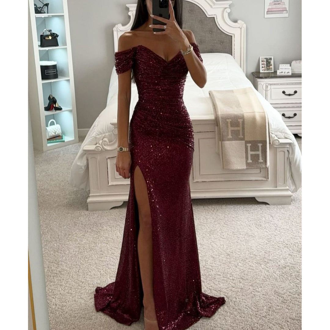 Woman wearing sequin off-shoulder split party dress
