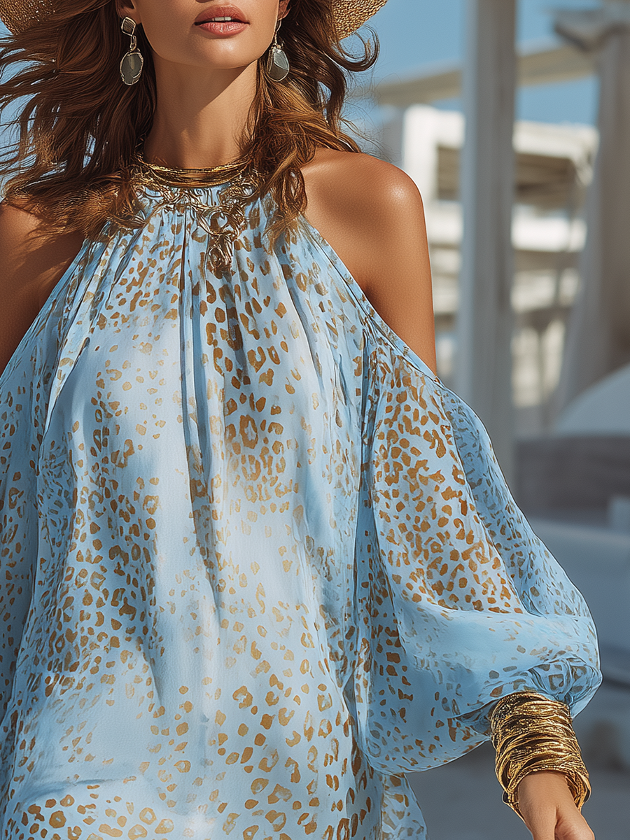 Blue off-shoulder leopard print long sleeve mini dress