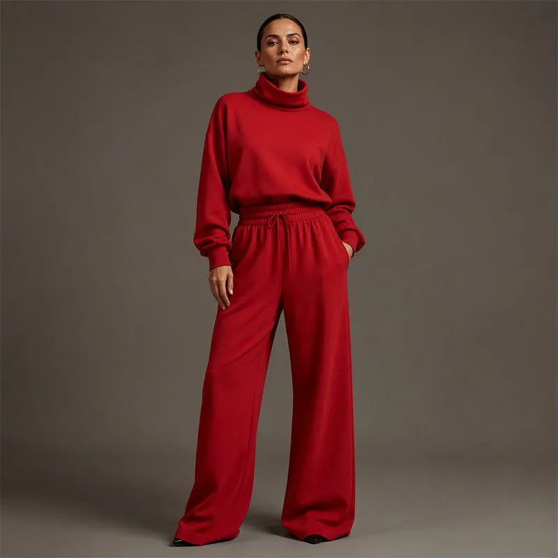 Woman wearing black turtleneck two-piece set with wide-leg trousers