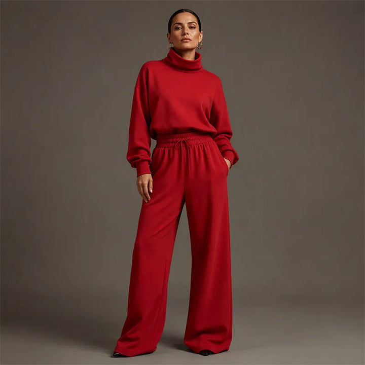 Woman wearing black turtleneck two-piece set with wide-leg trousers