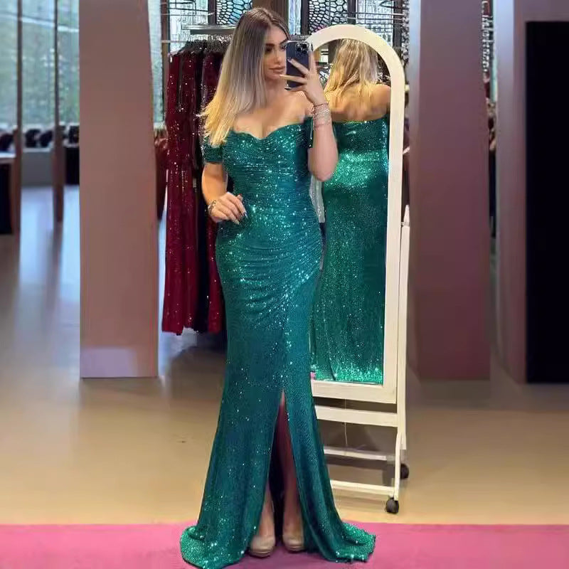 Woman wearing sequin off-shoulder split party dress