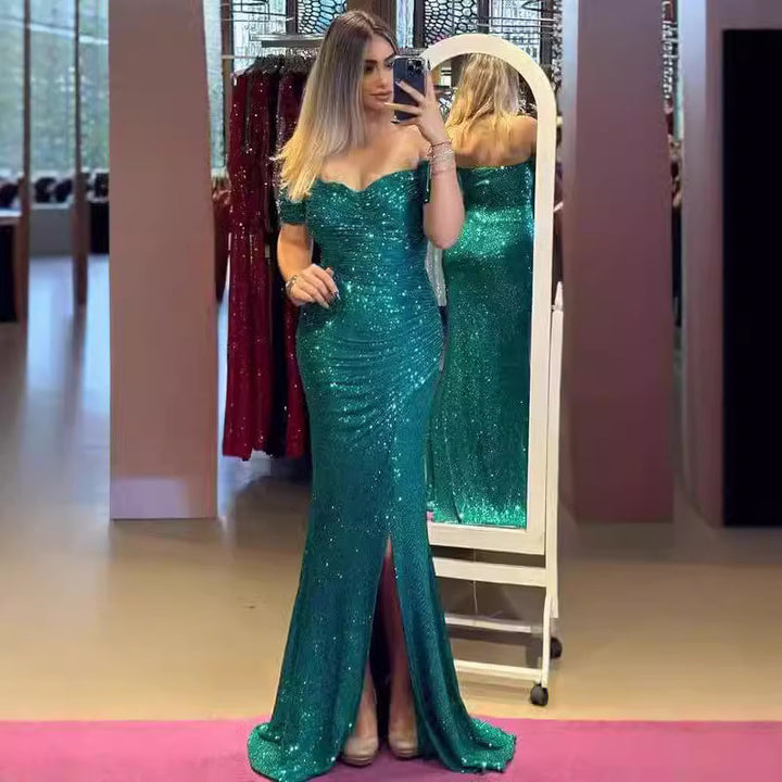 Woman wearing sequin off-shoulder split party dress