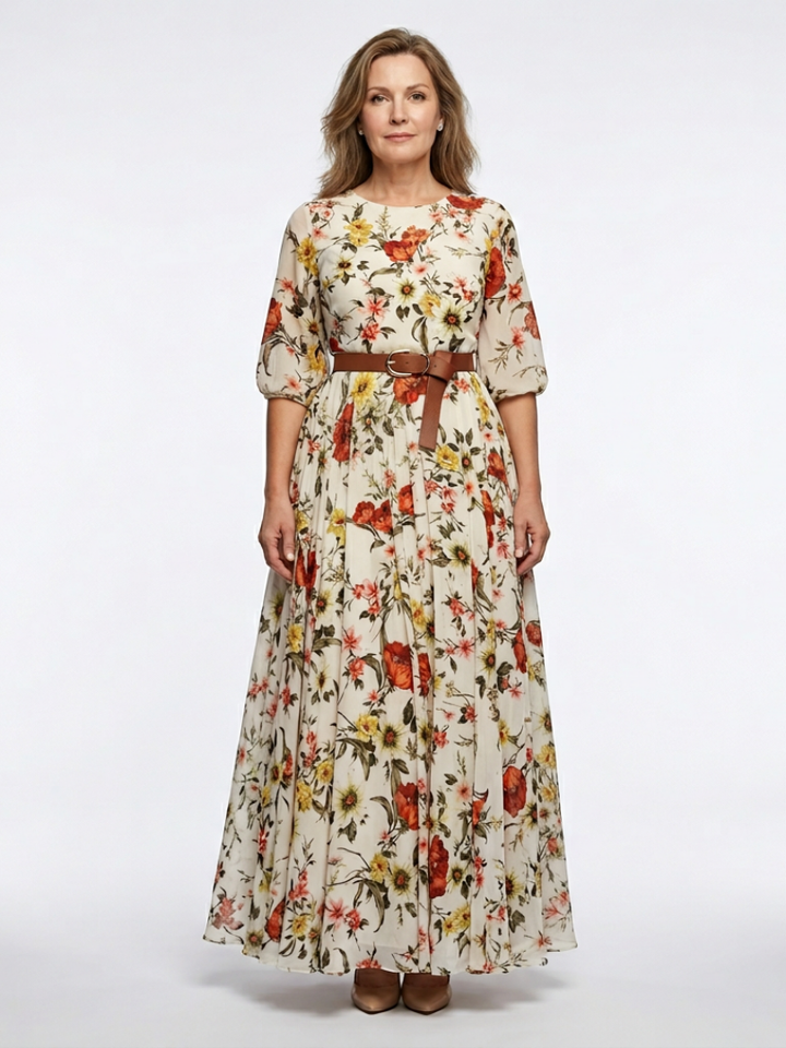 Maxi Dress | Round Neck & Three-Quarter Sleeves | Flattering Belted Design | Perfect for Any Occasion