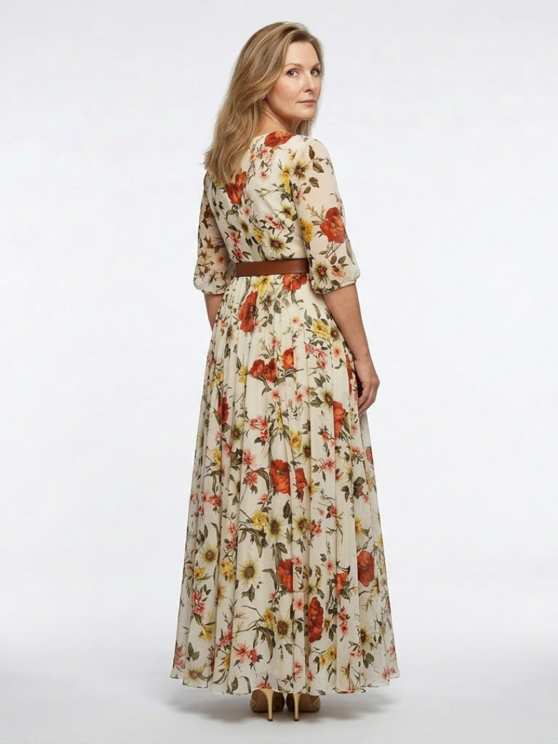 Maxi Dress | Round Neck & Three-Quarter Sleeves | Flattering Belted Design | Perfect for Any Occasion