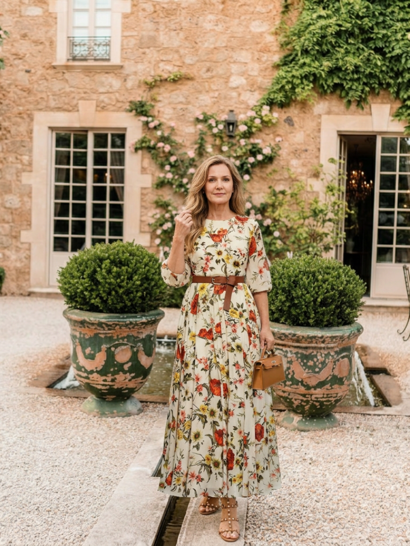 Maxi Dress | Round Neck & Three-Quarter Sleeves | Flattering Belted Design | Perfect for Any Occasion