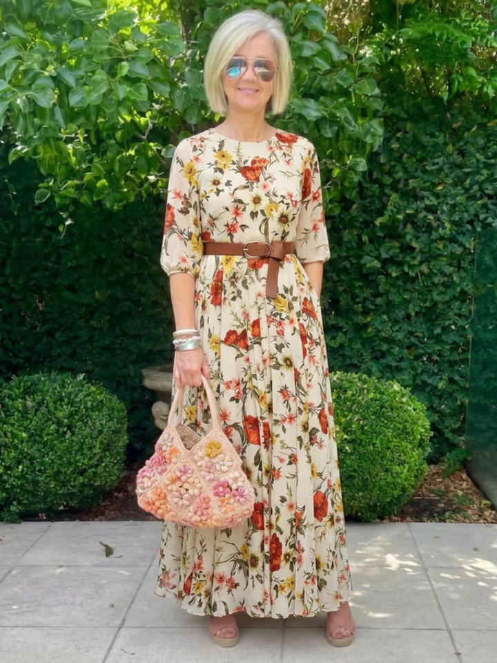 Maxi Dress | Round Neck & Three-Quarter Sleeves | Flattering Belted Design | Perfect for Any Occasion